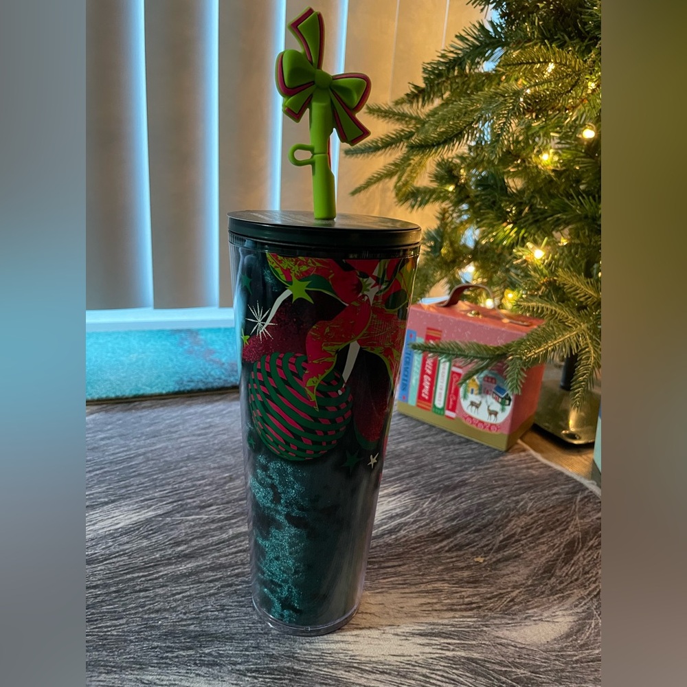 NEW - Starbucks Holiday Ribbon 24oz Green & Red Straw Topper Tumbler